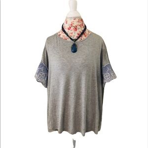 Maurices Gray Blouse with Blue Embroidered Sleeves